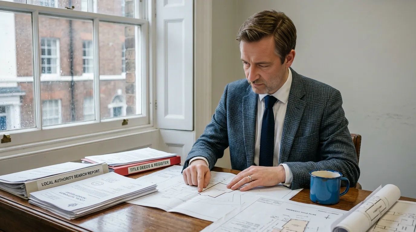 Solicitor reviewing conveyancing search documents and property plans at his desk in winter light