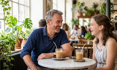 Father and teenage daughter laughing over iced coffee at a sunlit summer café table