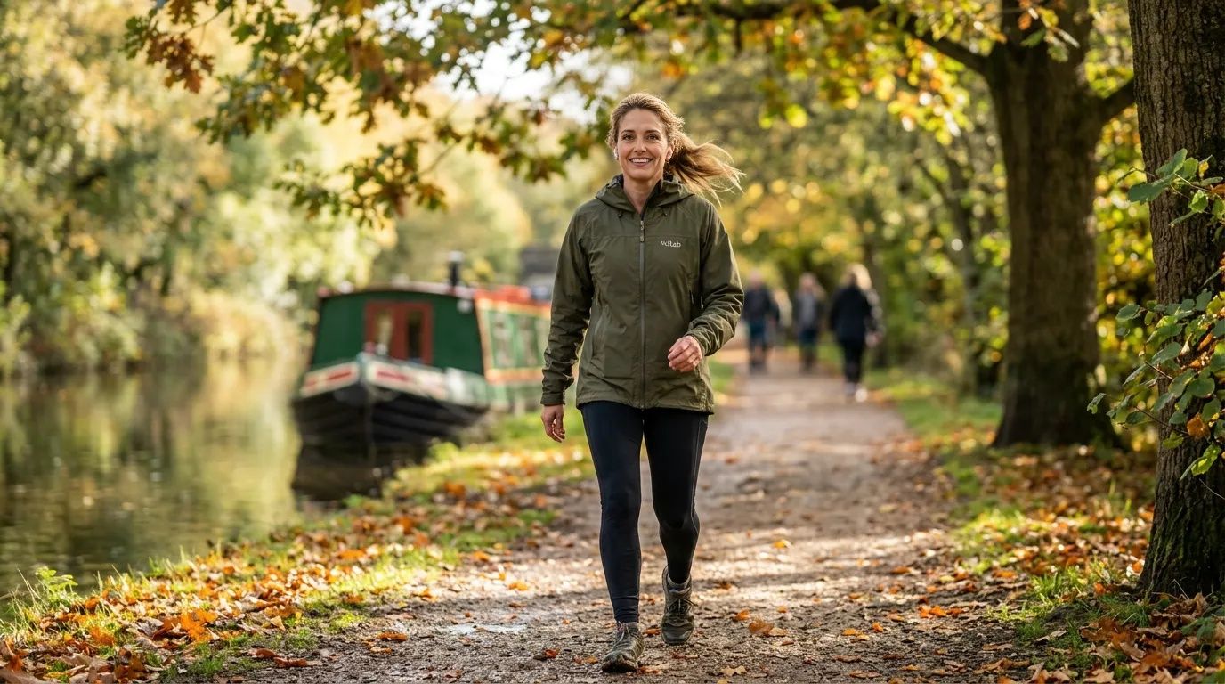 Woman walking along a sunlit canal towpath on a bright autumn morning
