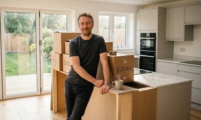 Man in a henley top standing in his new-build kitchen surrounded by moving boxes in morning light