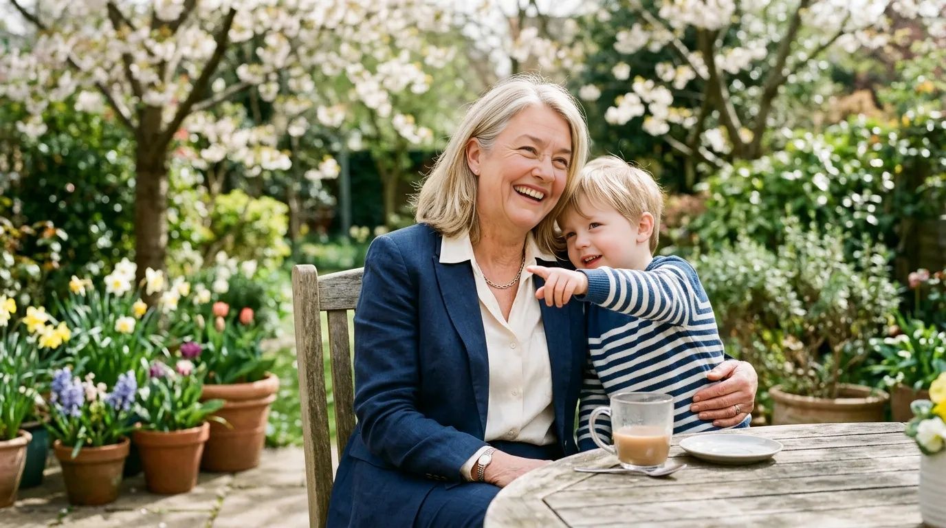A woman in a suit shares a warm laugh with her grandchild on a sunlit spring patio