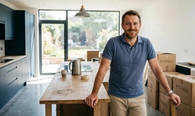 Man in polo shirt smiling in his new-build kitchen surrounded by moving boxes in summer light