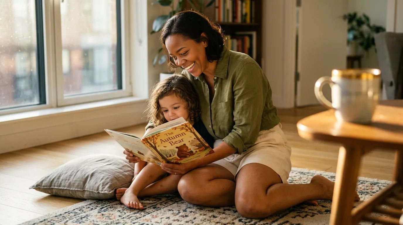Mixed ethnicity mother in linen shirt reads to her child on the floor of a sunlit city apartment living room in autumn.