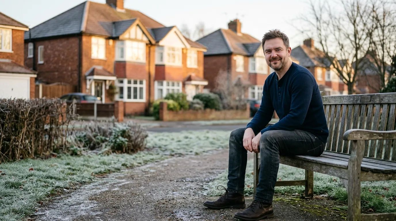 Man in his late thirties sitting on a park bench on a residential street in winter sunlight