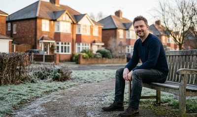 Man in his late thirties sitting on a park bench on a residential street in winter sunlight