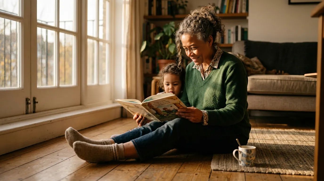 Grandmother reads picture book to grandchild on living room floor in warm autumn light