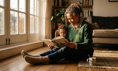 Grandmother reads picture book to grandchild on living room floor in warm autumn light