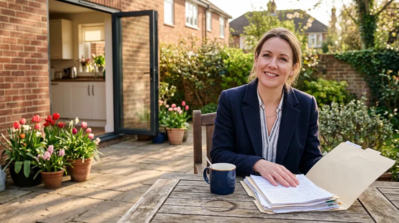 Woman in a blazer sits on her garden patio in spring light reviewing paperwork about a mortgage over 50