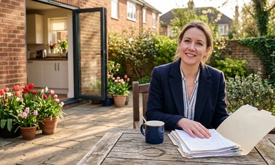 Woman in a blazer sits on her garden patio in spring light reviewing paperwork about a mortgage over 50