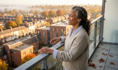 Woman in her fifties enjoying fresh autumn morning air on a modern apartment balcony