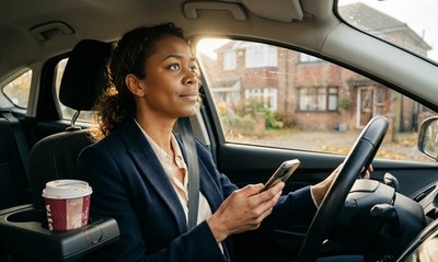 Woman in a suit sits in her parked car, looking up at a semi-detached house in autumn light.