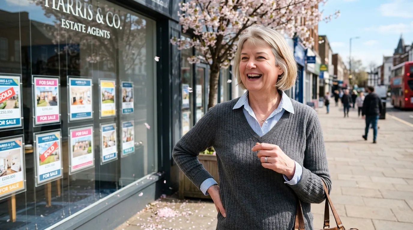 A woman in her late 50s laughs on a sunny high street outside an estate agent, spring blossom falling around her.