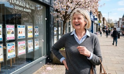 A woman in her late 50s laughs on a sunny high street outside an estate agent, spring blossom falling around her.