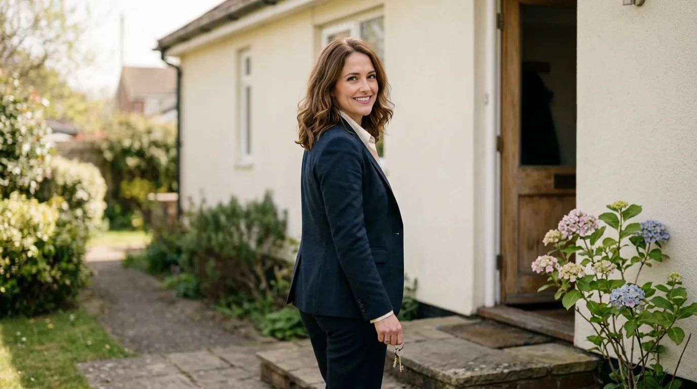 Woman in an open-collar suit smiling at a bungalow's front door in soft spring sunlight