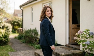 Woman in an open-collar suit smiling at a bungalow's front door in soft spring sunlight