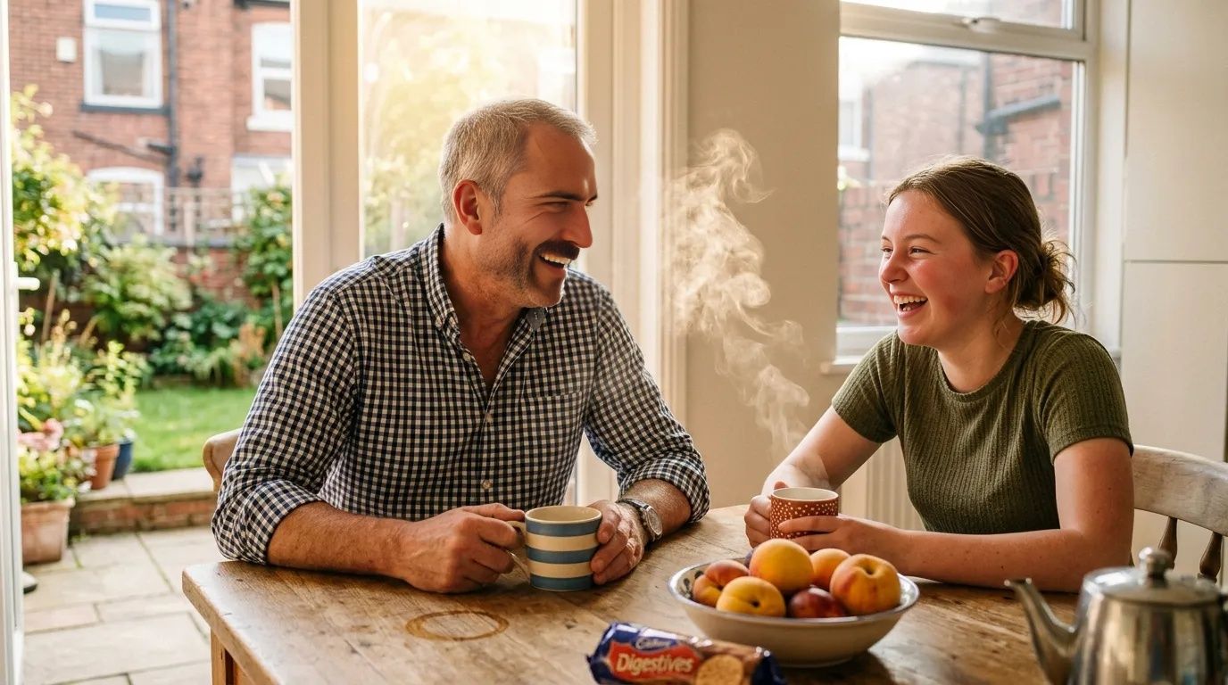 Father and daughter laughing together over tea at a sunny kitchen table in a terraced house in summer