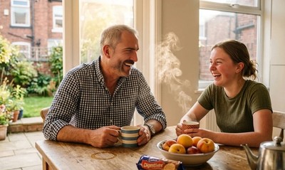 Father and daughter laughing together over tea at a sunny kitchen table in a terraced house in summer