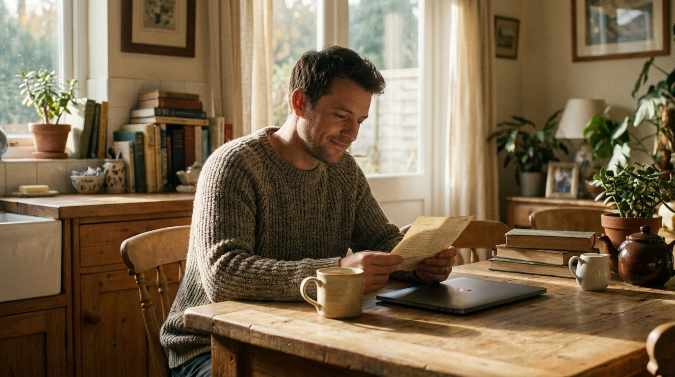 Man in a knitted jumper reading a letter at a wooden kitchen table in warm autumn morning light
