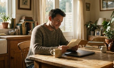 Man in a knitted jumper reading a letter at a wooden kitchen table in warm autumn morning light