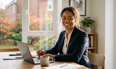 Woman in a suit smiles in her bright home office, autumn light streaming through the window of her new home