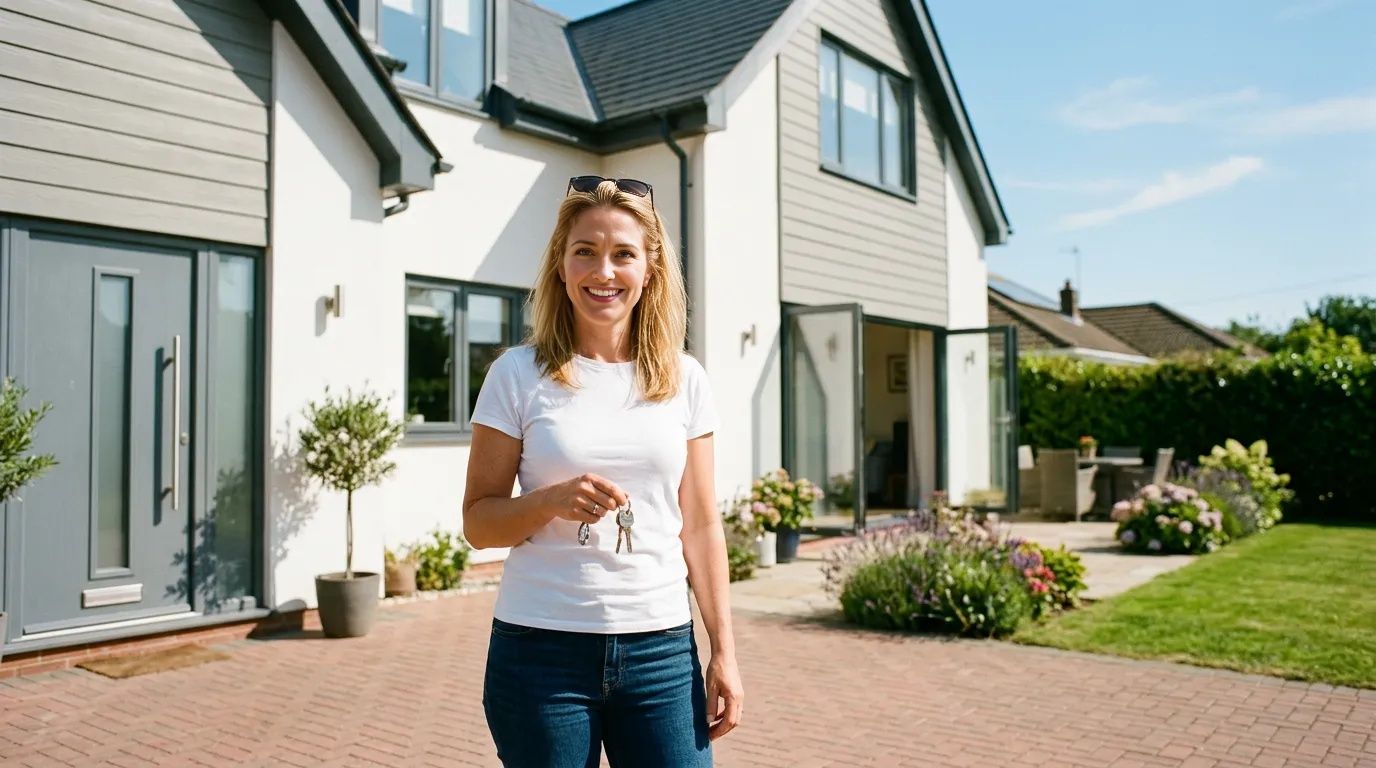 Woman holding house keys outside a modern detached home on a sunny day