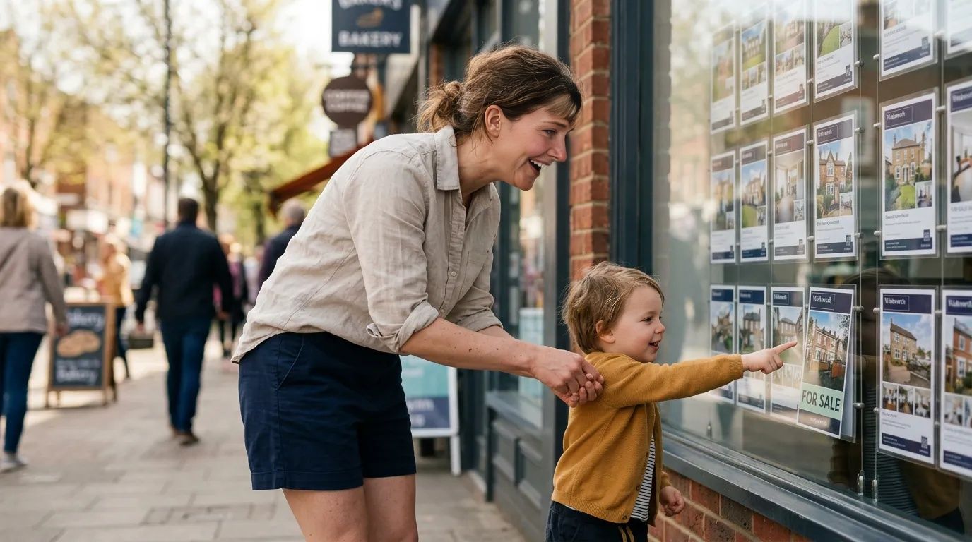 Mother and young child laughing outside an estate agent on a sunny spring high street