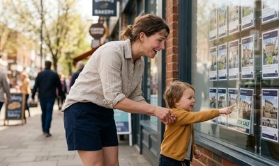 Mother and young child laughing outside an estate agent on a sunny spring high street