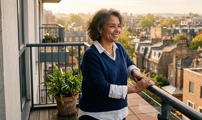 Woman in her fifties smiling on her modern apartment balcony in warm autumn morning light