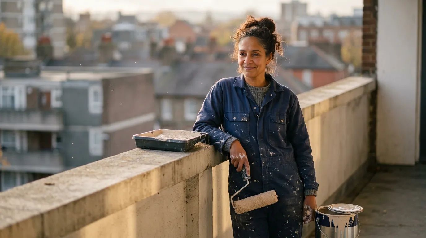 Woman in work overalls on apartment balcony holding paint roller in warm autumn light