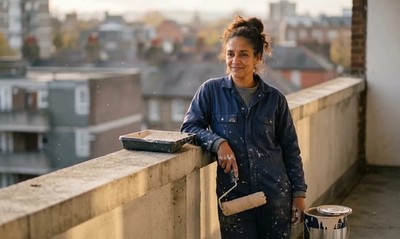 Woman in work overalls on apartment balcony holding paint roller in warm autumn light