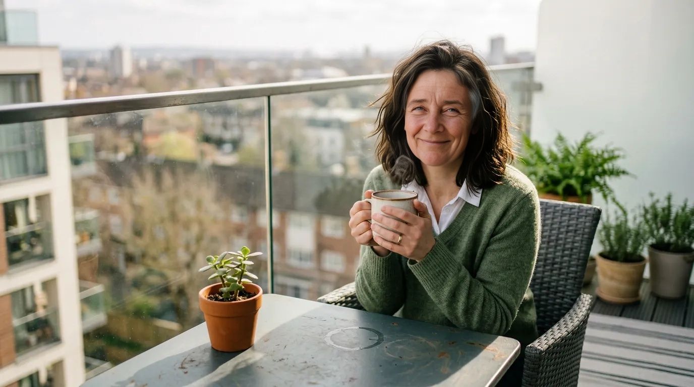 Woman in jumper relaxing with coffee on her high-rise flat's patio in spring morning light