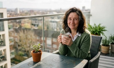 Woman in jumper relaxing with coffee on her high-rise flat's patio in spring morning light