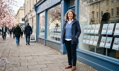 Woman in blue jumper smiling outside an estate agent on a sunny spring high street, feeling light and relieved