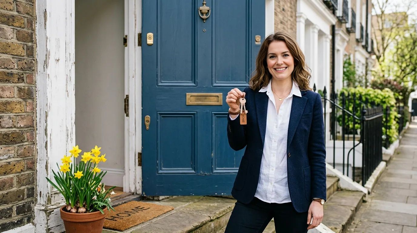 Woman in blazer holds new house keys on doorstep after completion day in spring