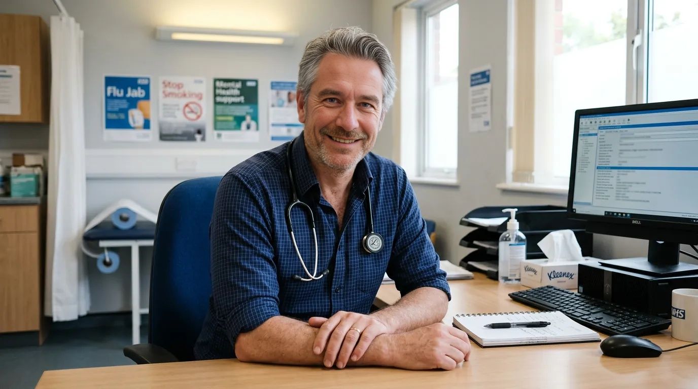 GP doctor sitting at his desk in a bright modern NHS surgery consultation room