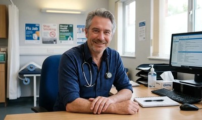 GP doctor sitting at his desk in a bright modern NHS surgery consultation room