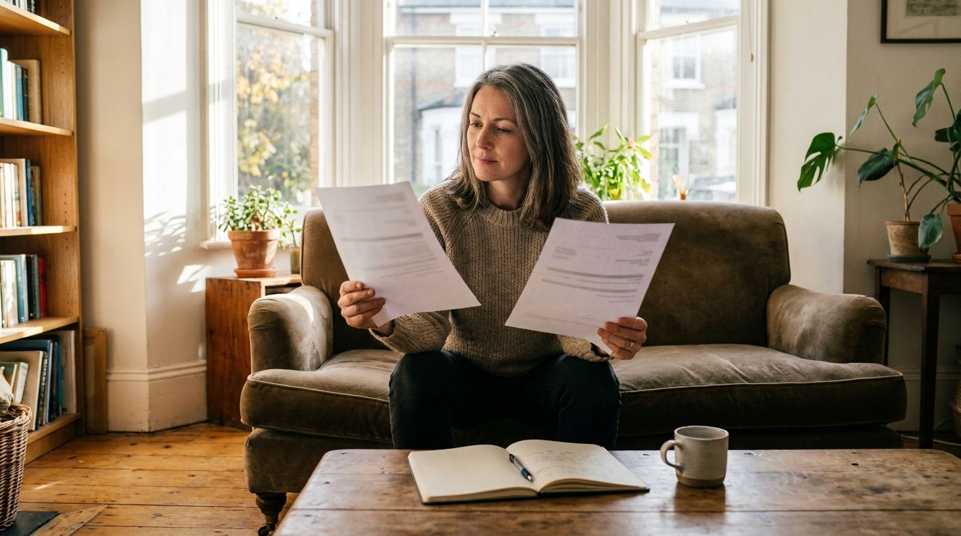 Woman on a sofa comparing two printed documents in a bright living room in warm autumn morning light