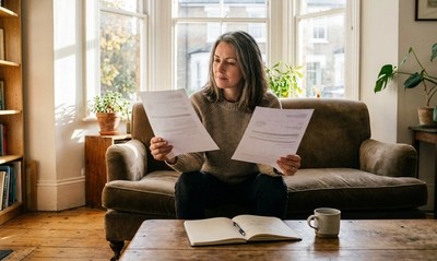 Woman on a sofa comparing two printed documents in a bright living room in warm autumn morning light