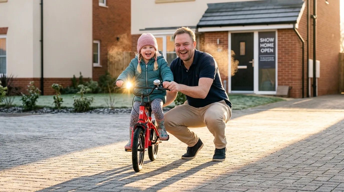 Dad in polo shirt helps daughter on bike outside new-build show home in winter golden light