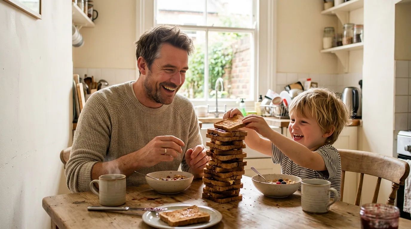 Father in a light sweater shares a sunny breakfast with his child at a terraced house kitchen table.
