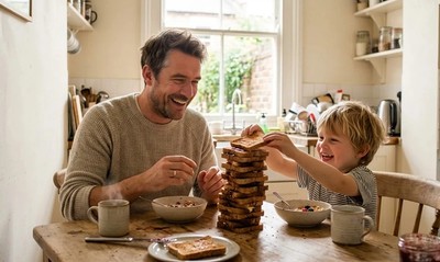 Father in a light sweater shares a sunny breakfast with his child at a terraced house kitchen table.