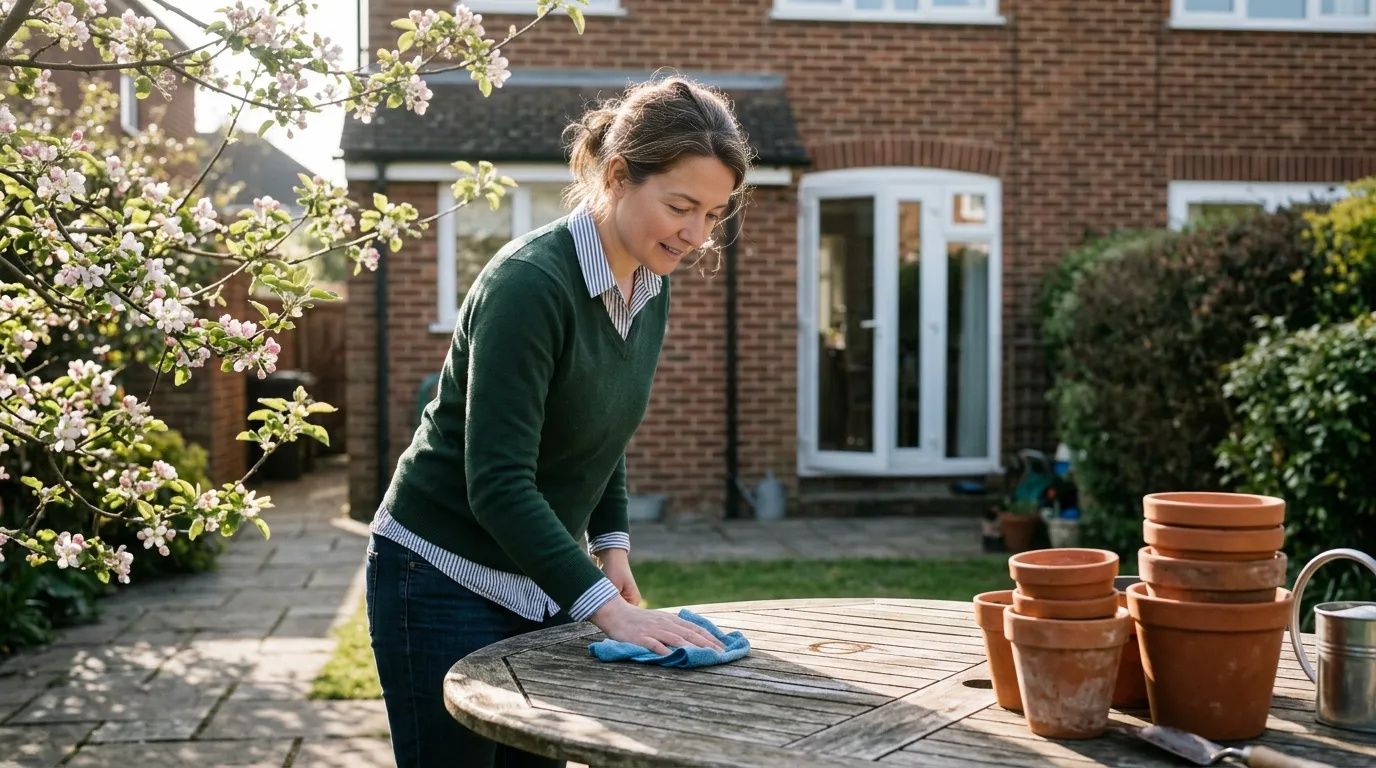 Woman in v-neck jumper wiping down patio table in spring sunshine outside her home