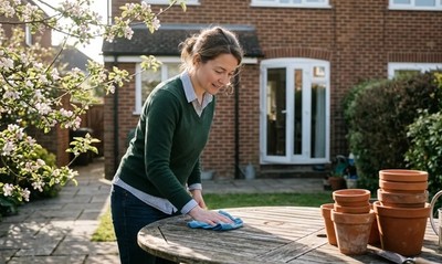 Woman in v-neck jumper wiping down patio table in spring sunshine outside her home