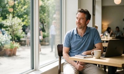Man in blue polo shirt relaxing at a sunlit café table, laptop closed, feeling relief after simplifying his finances