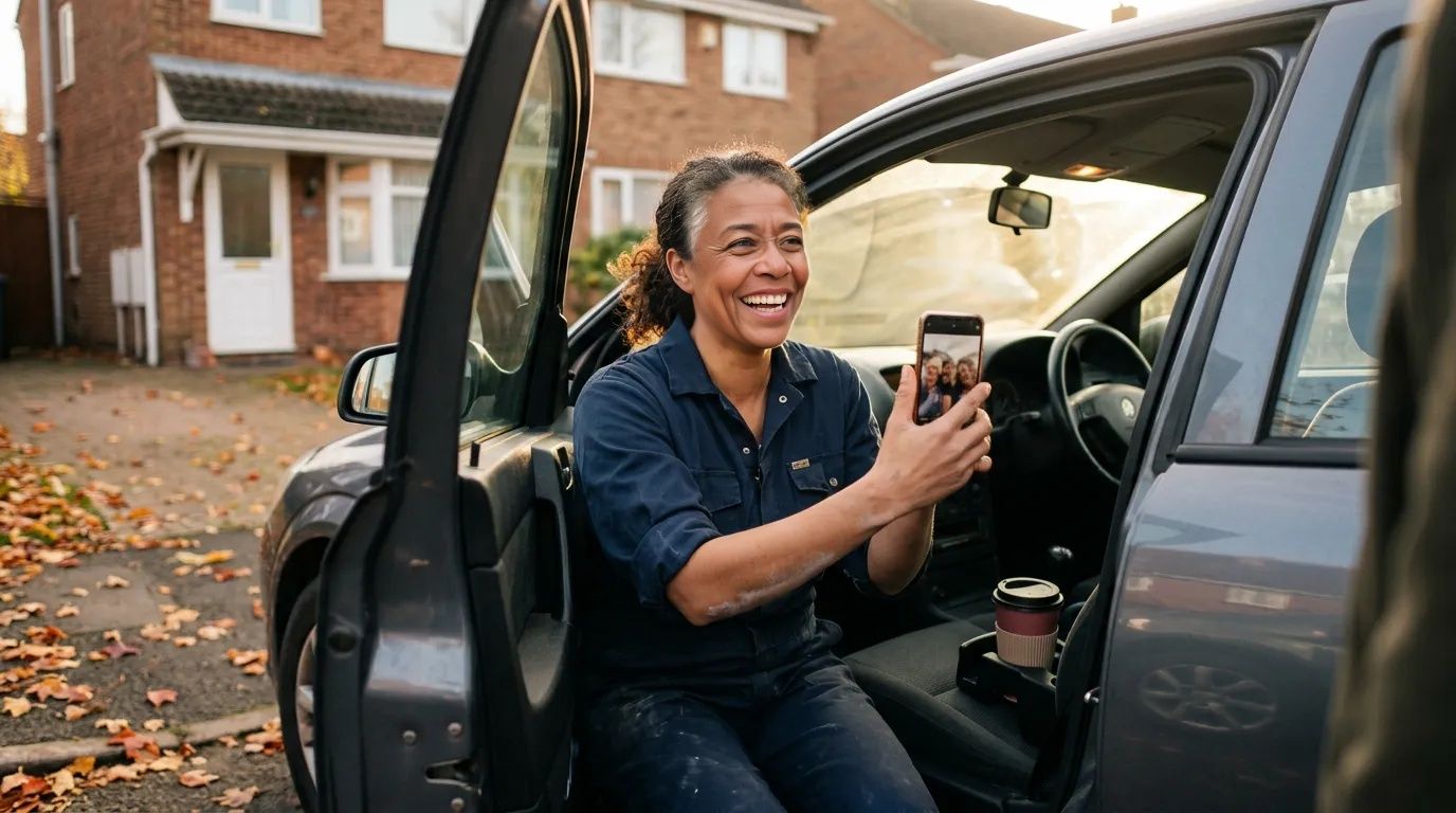 Woman in workwear overalls laughing in her car parked outside a house on a golden autumn afternoon
