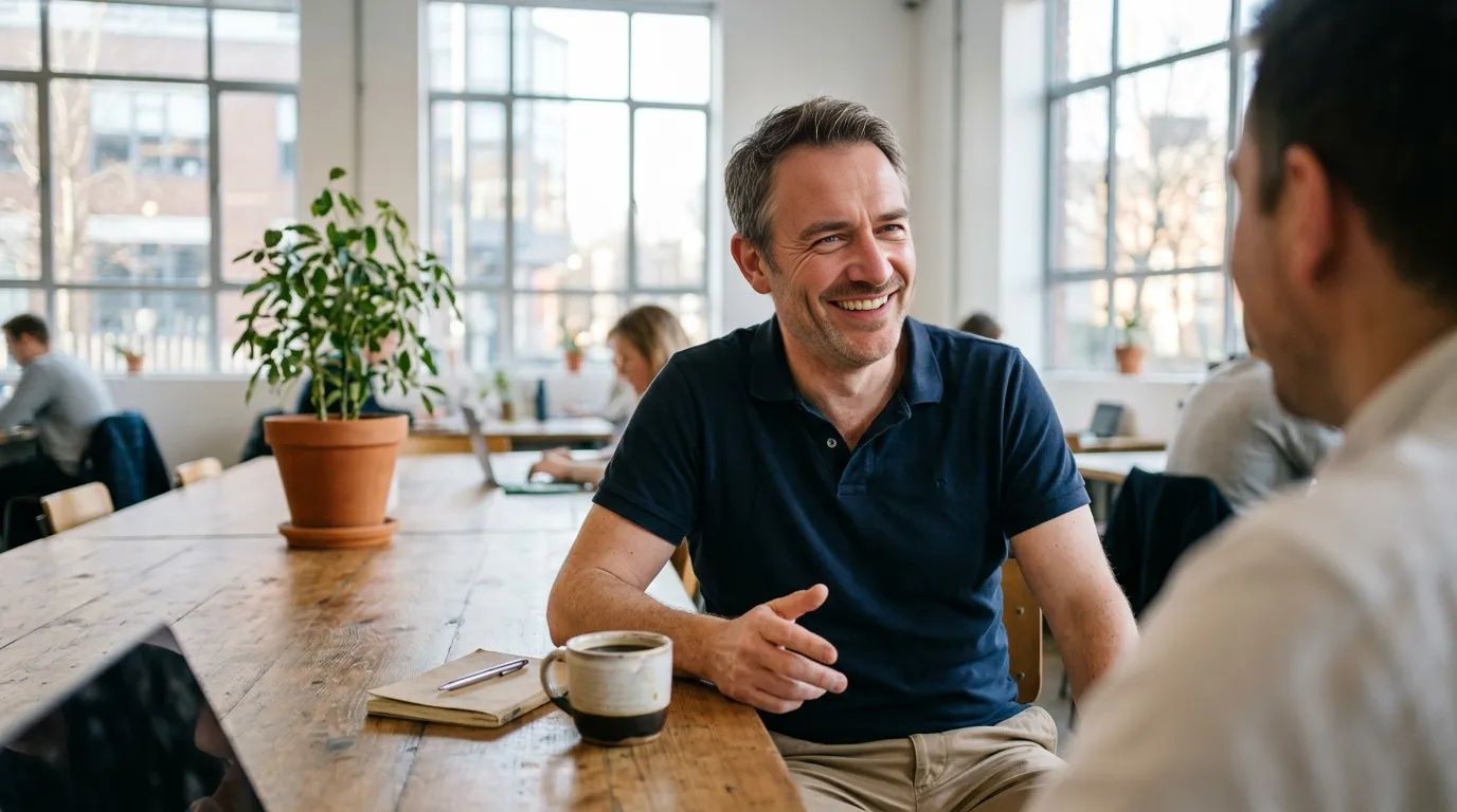 Man in polo shirt laughing with a colleague over coffee in a bright winter co-working space