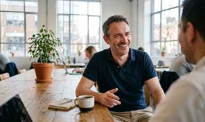 Man in polo shirt laughing with a colleague over coffee in a bright winter co-working space