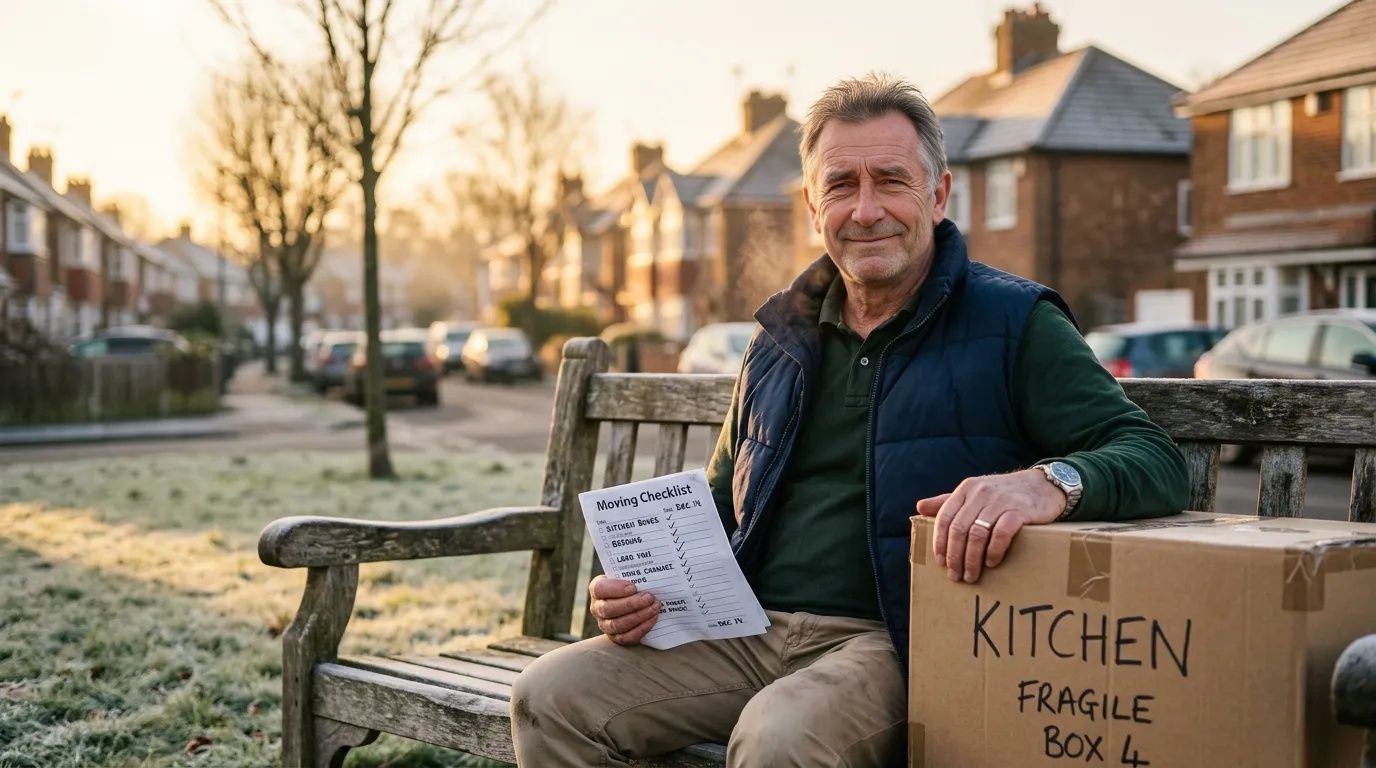 Man in his fifties sits on a park bench with a moving box on a frosty winter morning