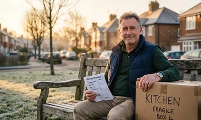 Man in his fifties sits on a park bench with a moving box on a frosty winter morning