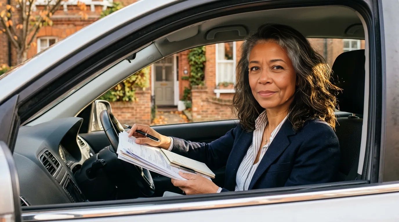Woman in blazer sits in her car reviewing mortgage paperwork outside a converted flat in autumn light.